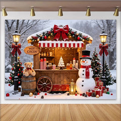 Lofaris Toile de fond de Noël avec bonhomme de neige et stand de chocolat chaud, magnifique arrière-plan hivernal pour studio photo