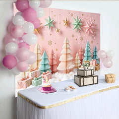 Lofaris Toile de fond de Noël rose pastel avec sapins, étoiles et cadeaux, magnifique décor d'hiver pour studio photo