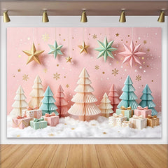 Lofaris Toile de fond de Noël rose pastel avec sapins, étoiles et cadeaux, magnifique décor d'hiver pour studio photo
