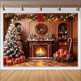 Lofaris Toile de fond de Noël traditionnelle avec sapin enneigé et cheminée, élégant décor de fête pour studio photo et célébrations hivernales