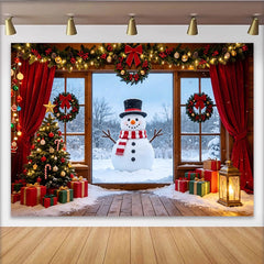 Lofaris Toile de fond de Noël bonhomme de neige et sapin avec cadeaux, magnifique décor de fête pour fenêtre d'hiver enneigée