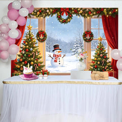 Lofaris Toile de fond de Noël festive avec sapins et bonhomme de neige, magnifique arrière-plan de photographie pour célébrations hivernales