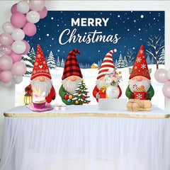 Lofaris Toile de fond de Noël gnomes et sapins enneigés, magnifique décor d'hiver avec cadeaux et texte Merry Christmas pour studio photo
