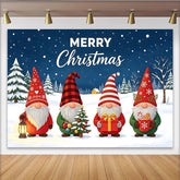 Lofaris Toile de fond de Noël gnomes et sapins enneigés, magnifique décor d'hiver avec cadeaux et texte Merry Christmas pour studio photo