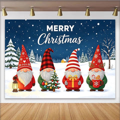 Lofaris Toile de fond de Noël gnomes et sapins enneigés, magnifique décor d'hiver avec cadeaux et texte Merry Christmas pour studio photo