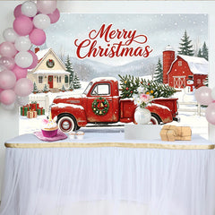 Lofaris Toile de fond de Noël avec camion rouge et sapin enneigé, joyeux arrière-plan d'hiver pour fête et studio photo