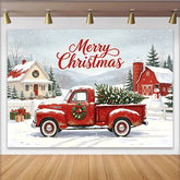 Lofaris Toile de fond de Noël avec camion rouge et sapin enneigé, joyeux arrière-plan d'hiver pour fête et studio photo