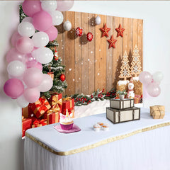 Lofaris Toile de fond de Noël enneigée avec sapin et cadeaux sur mur en bois, décoration d'hiver festive pour photographie et fête