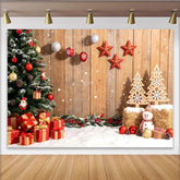 Lofaris Toile de fond de Noël enneigée avec sapin et cadeaux sur mur en bois, décoration d'hiver festive pour photographie et fête