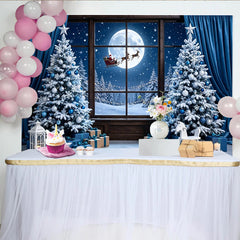 Lofaris Toile de fond de Noël fenêtre avec sapins enneigés et Père Noël, magnifique arrière-plan bleu et blanc pour studio photo