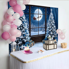 Lofaris Toile de fond de Noël fenêtre avec sapins enneigés et Père Noël, magnifique arrière-plan bleu et blanc pour studio photo