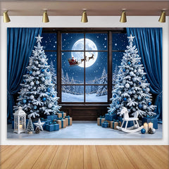 Lofaris Toile de fond de Noël fenêtre avec sapins enneigés et Père Noël, magnifique arrière-plan bleu et blanc pour studio photo