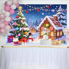 Lofaris Toile de fond de Noël village enneigé avec sapin et cadeaux, magnifique décor festif pour studio photo et fête d'hiver