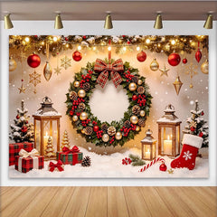 Lofaris Toile de fond de Noël avec couronne festive, lumières et ornements dorés, décor hivernal chaleureux pour studio photos