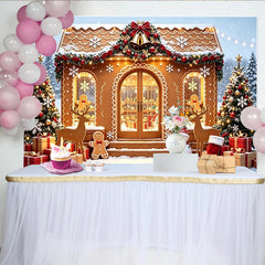Lofaris Toile de fond de Noël maison en pain d'épices avec sapins enneigés et cadeaux, décor festif pour photographie d'hiver