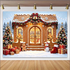 Lofaris Toile de fond de Noël maison en pain d'épices avec sapins enneigés et cadeaux, décor festif pour photographie d'hiver