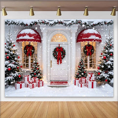 Lofaris Toile de fond de Noël enneigée devant une maison blanche et des sapins, décor festif avec cadeaux pour photographie d'hiver
