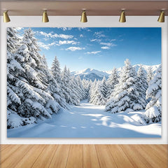 Lofaris Toile de fond de photographie forêt enneigée avec montagnes et ciel bleu, naturel pour studio photo et événements hivernaux