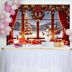 Lofaris Toile de fond de Noël avec fenêtre enneigée, père Noël et cadeaux, magnifique arrière-plan pour ambiance festive et studio photo