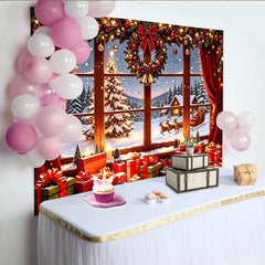 Lofaris Toile de fond de Noël avec fenêtre enneigée, père Noël et cadeaux, magnifique arrière-plan pour ambiance festive et studio photo
