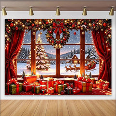 Lofaris Toile de fond de Noël avec fenêtre enneigée, père Noël et cadeaux, magnifique arrière-plan pour ambiance festive et studio photo