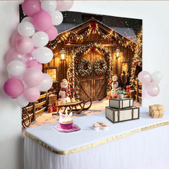 Lofaris Toile de fond de Noël grange en bois enneigée avec lumières et bonhommes de neige, magnifique rustique festif pour studio photo