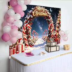 Lofaris Toile de fond de Noël joyeux avec sapins enneigés et cadeaux, décor féerique pour célébration d'hiver et studio photo