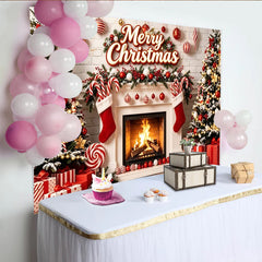 Lofaris Toile de fond de Noël Joyeux Noël, cheminée et sapins enneigés, magnifique arrière-plan festif pour studio photo et fête de famille