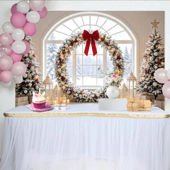 Lofaris Toile de fond de Noël enneigée avec guirlande et nœud rouge, magnifique arrière-plan festif pour studio photo d'hiver