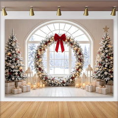 Lofaris Toile de fond de Noël enneigée avec guirlande et nœud rouge, magnifique arrière-plan festif pour studio photo d'hiver