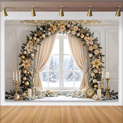 Lofaris Toile de fond de Noël élégante avec ornements dorés et flocons, magnifique arrière-plan festif pour studio photo d'hiver