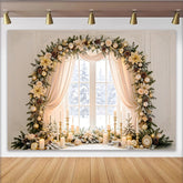 Lofaris Toile de fond de Noël élégante avec guirlande givrée et ornements dorés, décor de fête d'hiver pour studio photo