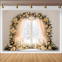 Lofaris Toile de fond de Noël élégante avec guirlande givrée et ornements dorés, décor de fête d'hiver pour studio photo