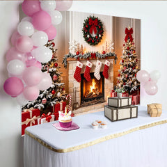 Lofaris Toile de fond de Noël cheminée enneigée sapins décorés rouge et blanc, décor festif pour studio photo et ambiance chaleureuse