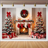 Lofaris Toile de fond de Noël cheminée enneigée sapins décorés rouge et blanc, décor festif pour studio photo et ambiance chaleureuse
