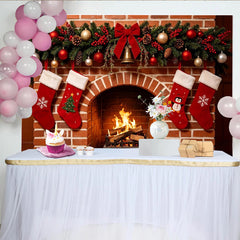 Lofaris Toile de fond de Noël cheminée briques guirlande et chaussettes, décor chaleureux pour studio photo et ambiance festive