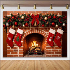 Lofaris Toile de fond de Noël cheminée briques guirlande et chaussettes, décor chaleureux pour studio photo et ambiance festive