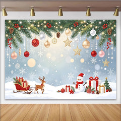 Lofaris Toile de fond de Noël avec sapin, guirlandes lumineuses et flocons de neige, magnifique décor de fête hivernale avec renne et bonhomme