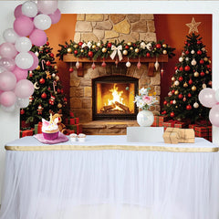 Lofaris Toile de fond de Noël cheminée en pierre avec sapins décorés et cadeaux, magnifique décor festif pour séance photo de famille