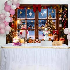 Lofaris Toile de fond de Noël fenêtre enneigée avec bonhomme de neige et sapin illuminé, décor festif d'hiver pour studio photo et photomaton