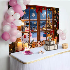 Lofaris Toile de fond de Noël fenêtre enneigée avec bonhomme de neige et sapin illuminé, décor festif d'hiver pour studio photo et photomaton