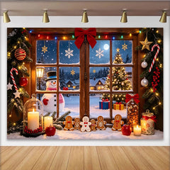 Lofaris Toile de fond de Noël fenêtre enneigée avec bonhomme de neige et sapin illuminé, décor festif d'hiver pour studio photo et photomaton