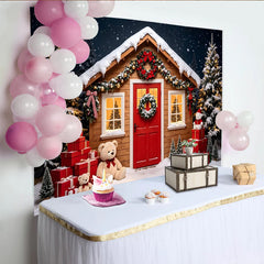 Lofaris Toile de fond de Noël chalet enneigé avec sapins et cadeaux, arrière-plan hivernal festif pour studio photo