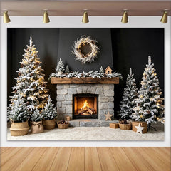 Lofaris Toile de fond de Noël enneigée avec cheminée et arbres lumineux, décor hivernal chaleureux pour studio photo et fête de famille