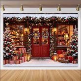 Lofaris Toile de fond de Noël enneigée avec sapins et cadeaux, arrière-plan festif pour studio photo et fêtes d'hiver