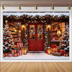 Lofaris Toile de fond de Noël enneigée avec sapins et cadeaux, arrière-plan festif pour studio photo et fêtes d'hiver