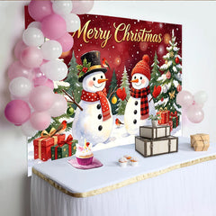Lofaris Toile de fond de Noël rouge avec bonhommes de neige et sapins enneigés, décor festif pour célébrations d'hiver et studio photo