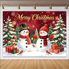 Lofaris Toile de fond de Noël rouge avec bonhommes de neige et sapins enneigés, décor festif pour célébrations d'hiver et studio photo