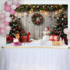 Lofaris Toile de fond de Noël avec sapins enneigés, bonhomme de neige et cadeaux, décor rustique en bois pour photographie de fête