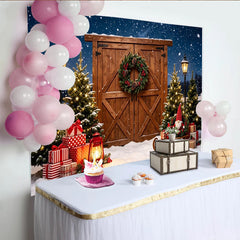Lofaris Toile de fond de Noël enneigée, portes en bois et guirlande, décor festif d'hiver avec cadeaux et lumières